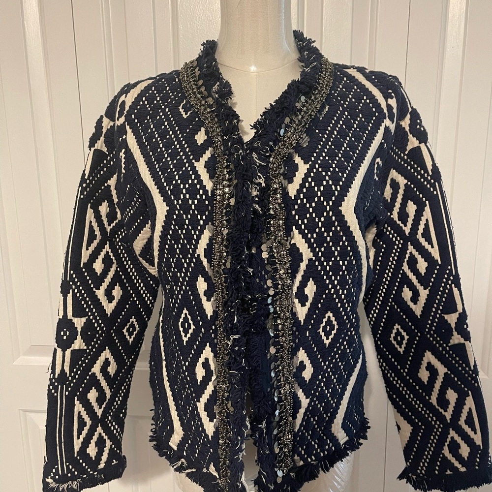 2/$36 GLAMOROUS Navy & White Pattern Bead & Fringe Cardigan/Blazer, Sz S, Petite
